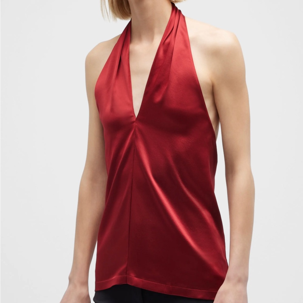 NEW WITH TAGS / THEORY / Ertil Silky Satin Halter Top In Red Dahlia / Size M